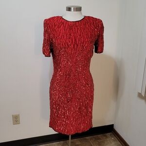 Vintage 100% Silk Sequin Dress Red Holiday Wedding
